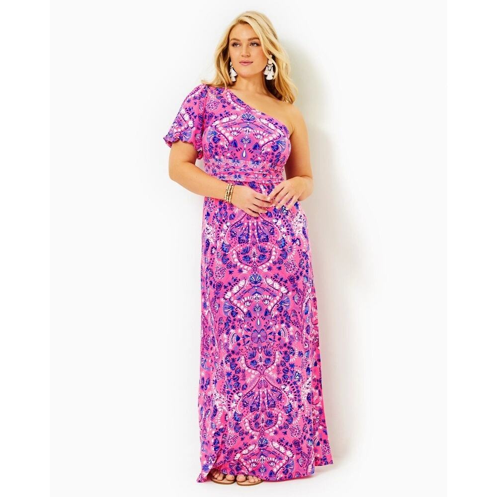 Lilly Pulitzer Solana One-Shoulder Maxi Dress Havana Pink Turtle Tidepool XL